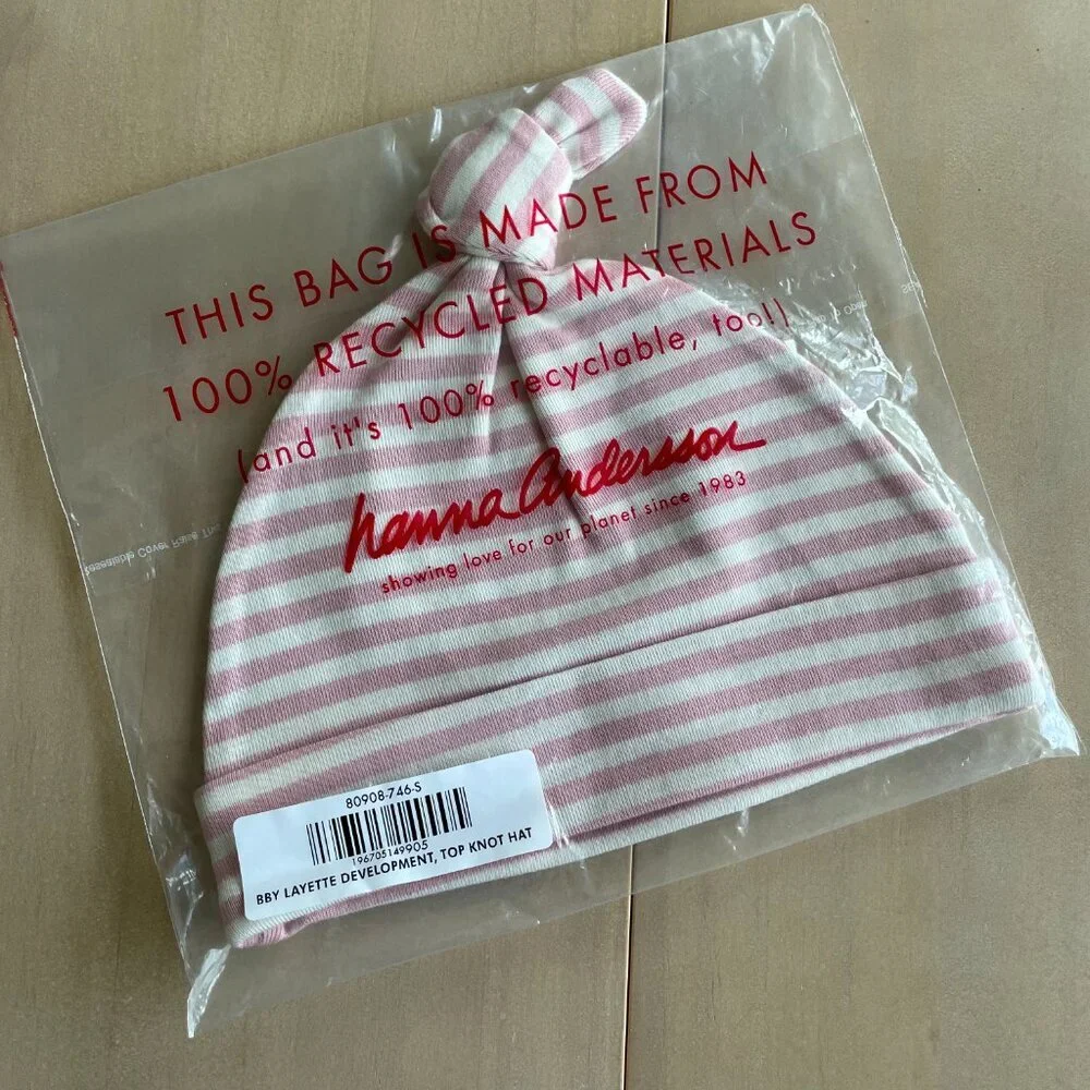 NEW Hanna Andersson Baby Layette Top Knot Beanie Hat, Ecru/Blush Pink - Sz Small